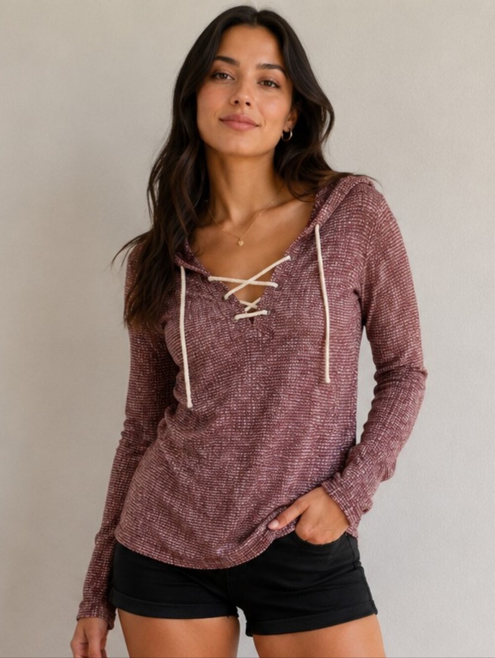 Women's Lace-Up Hoodie Pullover in Burgundy
